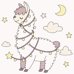 Fototapeta premium Charming SVG of a Bashful Alpaca featuring wrapped in fairy lights, styled in a Fantasy dream theme with Dreamland hues