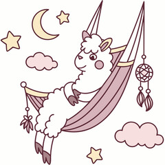 Fototapeta premium Dreamland colored Alpaca with a Surprised touch, placed in a Fantasy dream theme and styled with in a hammock