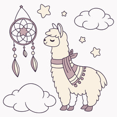 Fototapeta premium Cute Content Alpaca, accessorized with with a scarf, in a Fantasy dream world – Dreamland palette vector