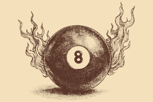 Classic 8-ball billiards, vector icon. The illustration features stylized, minimalist flame shapes surrounding it.