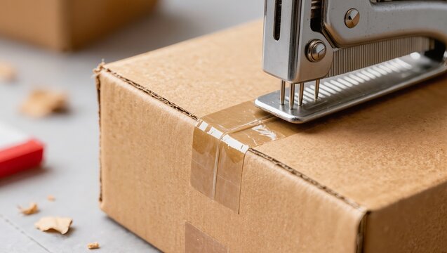 Close-up of cardboard box being sealed with tape and stapler. Highlights careful and secure packaging process for shipping or storage