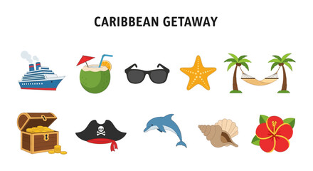 Caribbean getaway icons cruise ship drink sunglasses starfish hammock treasure chest hat dolphin shell and flower © zyaa