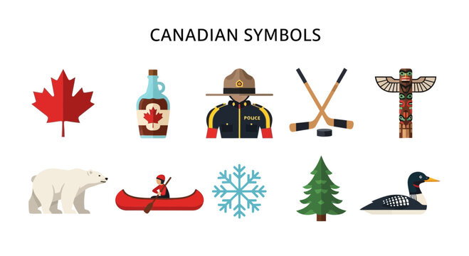 Ten flatdesign icons illustrating various Canadian symbols on a white background