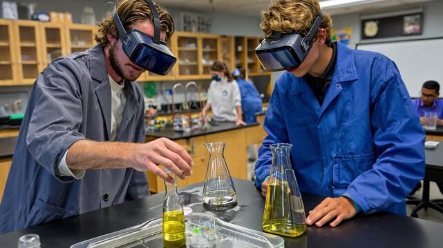 Students Conducting Experiments with Virtual Reality Technology in Lab