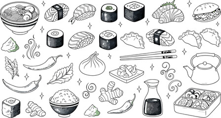 Black and white illustration of various sushi and japanese food items isolated on transparent background © SampaRani
