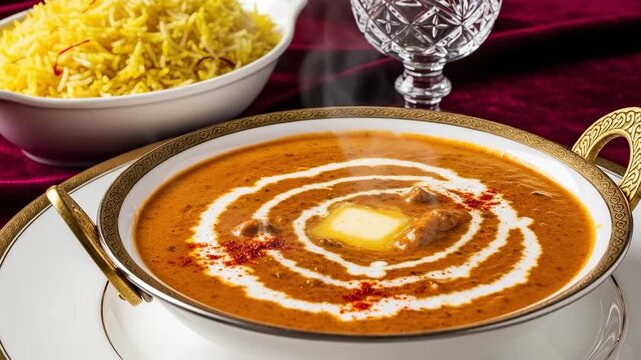 Authentic Mughlai Butter Chicken Curry with Saffron Rice in a Luxury Fine Dining Restaurant Setting