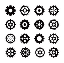 Set of 16 black gear and cogwheel icons in various styles. Flat vector illustration of mechanical parts for engineering, industrial technology, machinery, and creative process concept design.