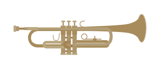 Detailed flat vector illustration of a gold brass trumpet musical instrument. Elegant graphic design of a classical jazz or orchestra trumpet isolated on a white background. © Tuesday04