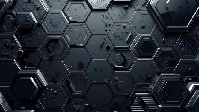 Abstract futuristic interconnected glossy black hexagonal shapes