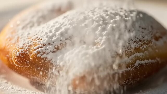 Delicious Golden Brown Beignet Covered in Powdered Sugar Close Up.
