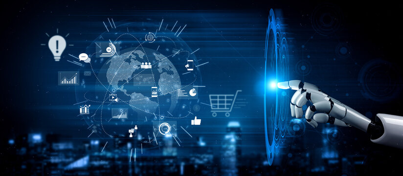 AI managing global digital marketing, optimizing communication, analyzing data trends, and automating content delivery across diverse online networks. Vouch