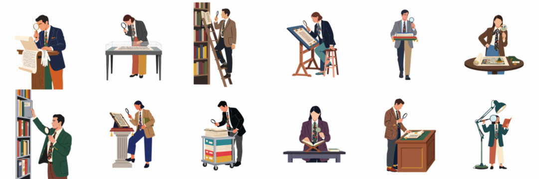 A collection of illustrations showing professional researchers, librarians, and archivists examining historical documents, manuscripts, and books with magnifying glasses in various library settings.