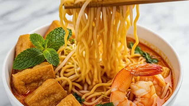 Authentic Singaporean Laksa Curry Noodle Soup with Shrimp and Tofu Puffs