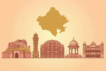 Obraz premium Rajasthan day background with famous rajasthan monuments and map.