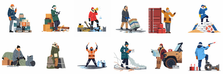 Collection of illustrations depicting workers and researchers performing various logistical and operational tasks in extreme arctic and polar winter environments. © ValentinaRestrepo