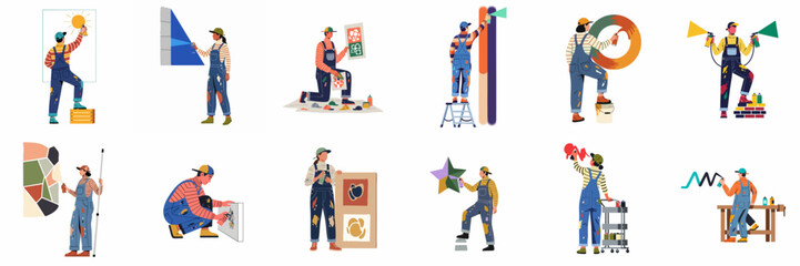 Set of diverse male and female characters painting with spray cans in various artistic styles, featuring muralists and street artists in overalls. © ValentinaRestrepo