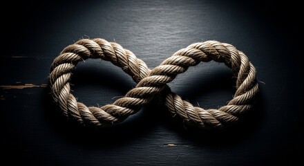 Obraz premium A thick, natural fiber rope meticulously shaped into an infinity symbol, lying on a dark, textured wooden surface under a dramatic spotlight.