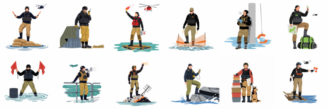 Illustrations of rescue and military personnel performing various emergency operations and search and rescue missions in watery environments.