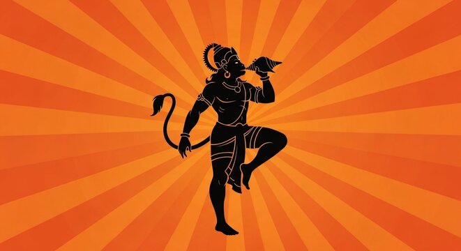 Silhouette of Hindu God Hanuman Carrying Mountain at Sunset with Orange Sunburst Background, Ramayana Mythology Concept