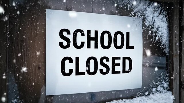 Sign informing of school closure due to snowy weather.
