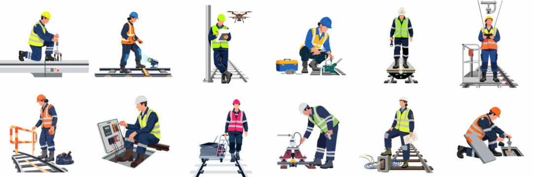Illustration set of professional railway engineers and technicians performing maintenance and inspection tasks on train tracks in high-visibility safety gear.