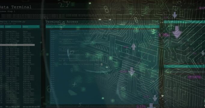 Security padlock icon and microprocessor connections against close up of a male hacker