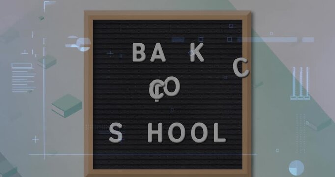 Animation of back to school text over blackboard and data processing