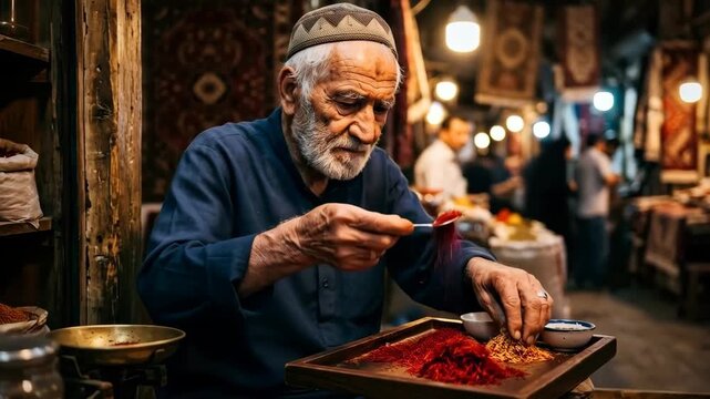 Elderly man carefully sorting saffron threads by hand in a traditional spice market shop