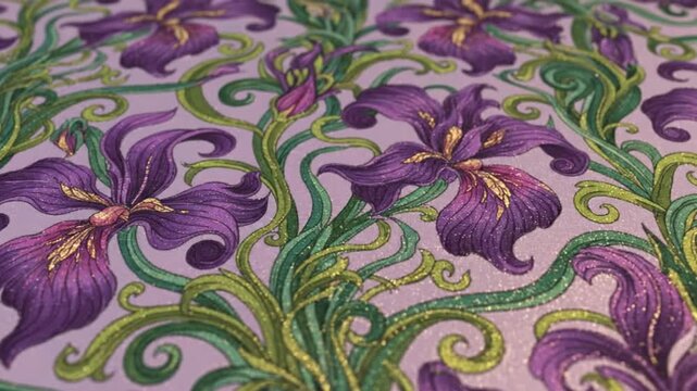 Detailed close-up of a floral pattern featuring purple iris flowers and green flowing foliage with gold accents