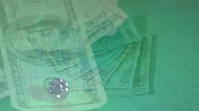 Animation of data processing over banknotes and dices