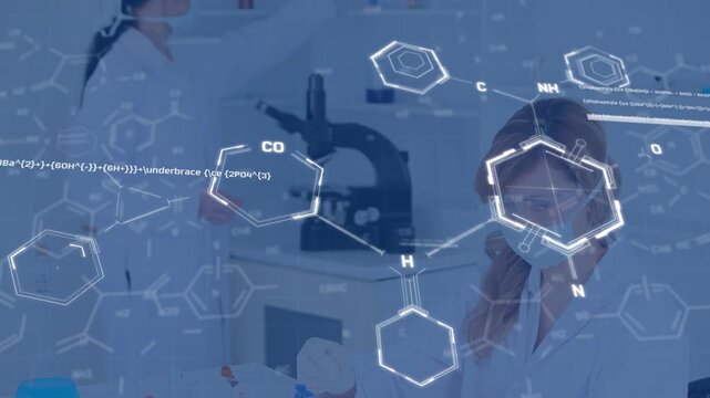 Animation of chemical strictures over two caucasian female scientists working at laboratory