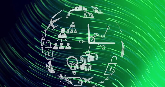 Animation of globe with icons over green waves moving on black and green background