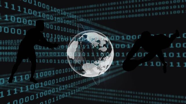 Animation of data processing with globe and rugby players over black background