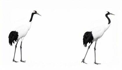 Fototapeta premium Two cranes walking in opposite directions on white background