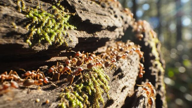 Close-up of numerous ants scurrying across a moss-covered weathered tree trunk in natural sunlight