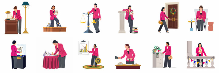 Fototapeta premium Set of flat illustrations featuring a female politician or lawyer performing various professional tasks related to law, government, and pay equity advocacy.
