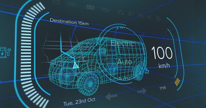 Animation of icons processing status data over van model wearing van on black background