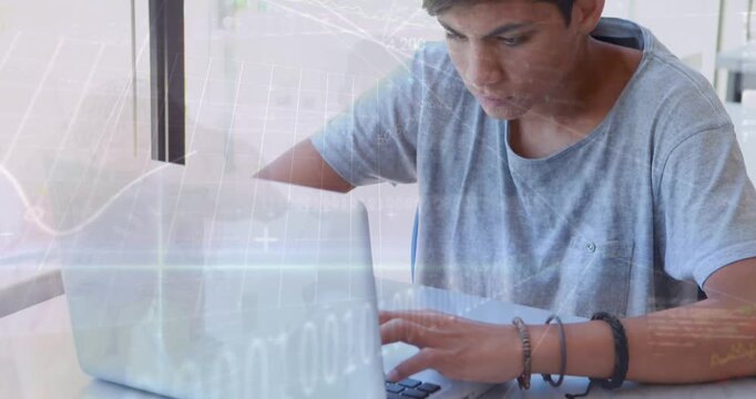 Animation of programming data and graphs moving over caucasian boy studying over laptop