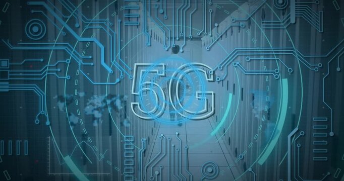 Animated video highlights futuristic 5G tech with digital circles and server backdrop.