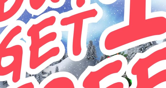 Animation of buy get 1 free text over christmas tree and winter landscape