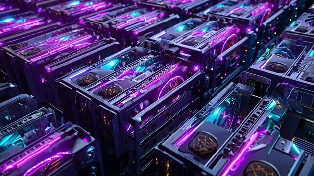 Futuristic Data Center with Colorful Lights and Graphics Processors