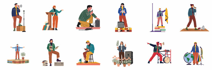 Flat vector illustrations of diverse young activists and protesters speaking out, using megaphones, and advocating for social change and global environmental awareness.