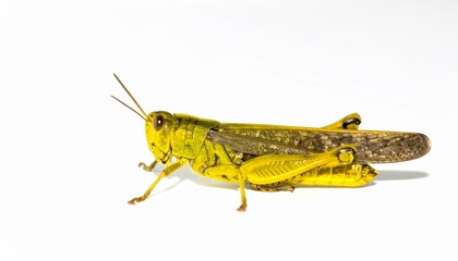 Fototapeta premium Vibrant green grasshopper on white background
