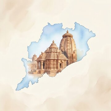 Odisha day watercolor card illustration with temple in map.