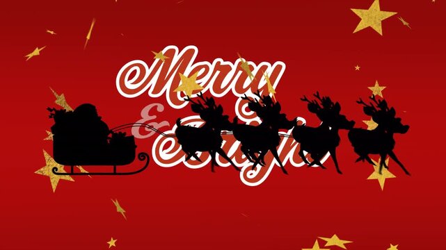 A silhouette of santa claus and his reindeer flying in front of a white background