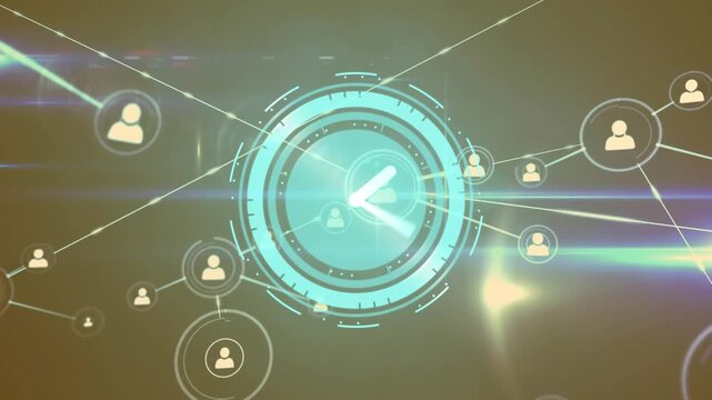 Animation of clock over network of connections with icons