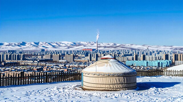 Ulaanbaatar City Snowscape And Mongolian Yurt
