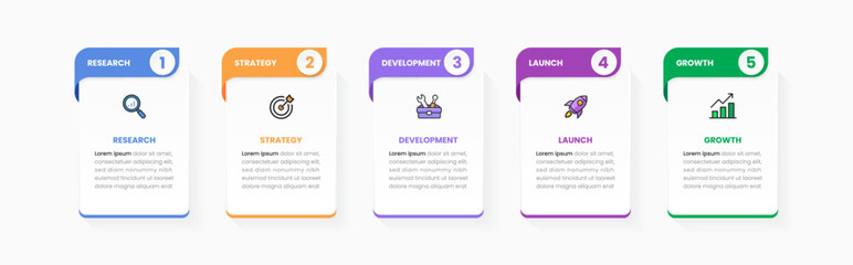 Business infographic template with five step workflow. Modern design with colorful cards and icons. Ideal for project stages, marketing process, presentation, business strategy visualization. EPS10. © Phantip