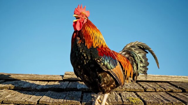 A vibrant rooster crowing atop a wooden fence under a clear sky.