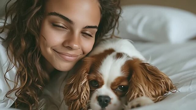 Woman and dog lying on bed.